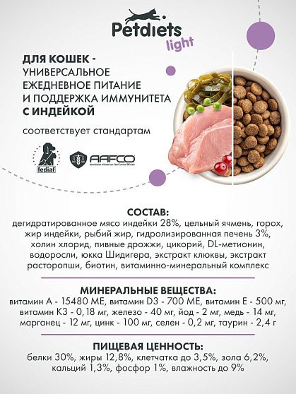 Сухой корм "Petdiets light" для стерилизованных кошек. Индейка