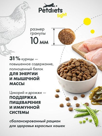 Сухой корм "Petdiets light" для взрослых кошек. Курица (по акции)
