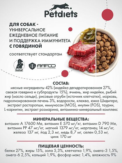 Корм сухой "Petdiets" для собак средних пород. Говядина