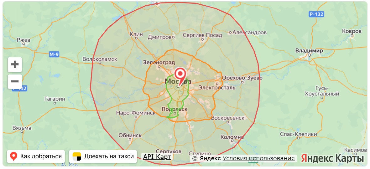 Карта зон курьерской доставки по Москве и области
